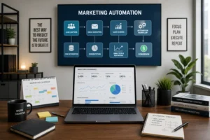 A modern workspace with a laptop, marketing tools, and a flowchart, showcasing efficiency and productivity in automation.