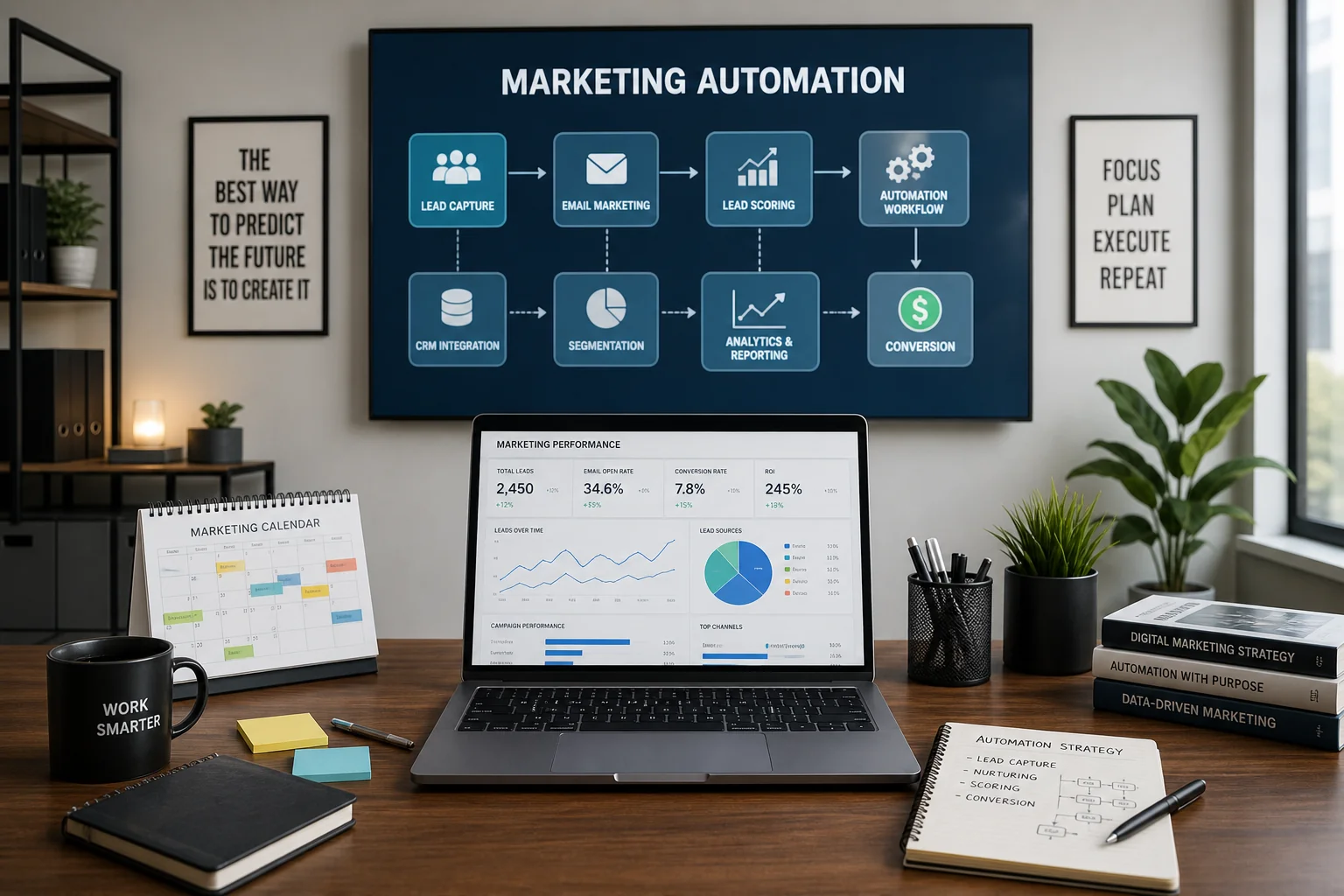 A modern workspace with a laptop, marketing tools, and a flowchart, showcasing efficiency and productivity in automation.