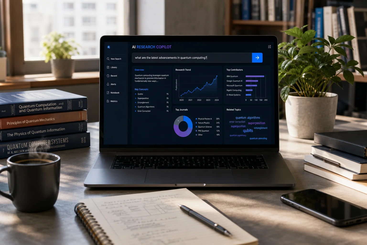 A modern workspace with a sleek desk, high-end laptop displaying vibrant data visuals, surrounded by books, a plant, and coff