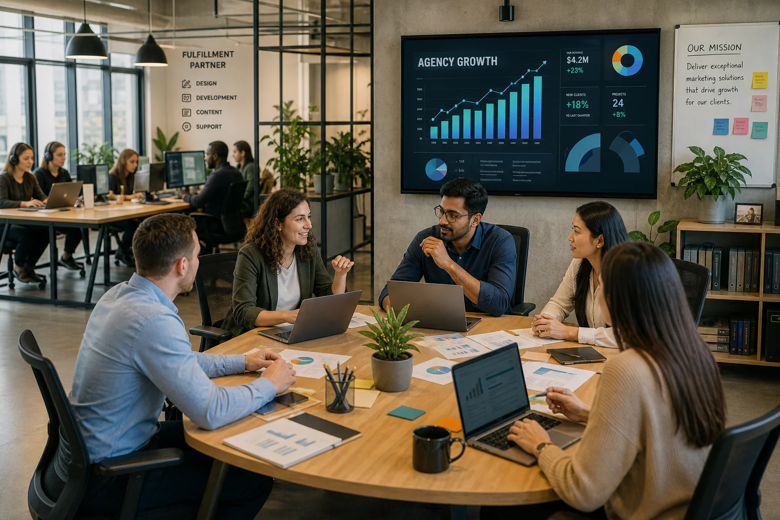 A vibrant office scene with diverse professionals collaborating at a table, surrounded by charts, plants, and modern tech, sy