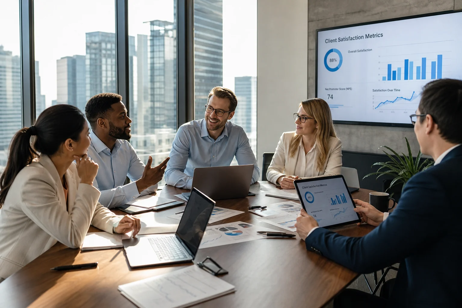 A diverse team of professionals collaborates at a large table, reviewing client satisfaction metrics in a modern office with