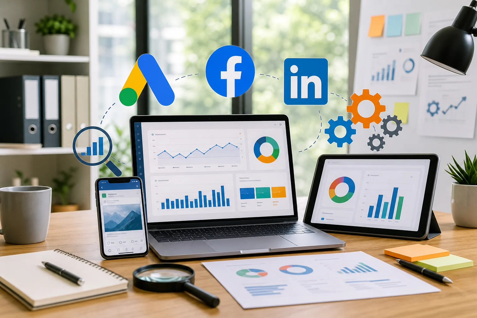 A vibrant workspace filled with digital devices displaying marketing graphs, ads icons, and analytical tools in a modern colo