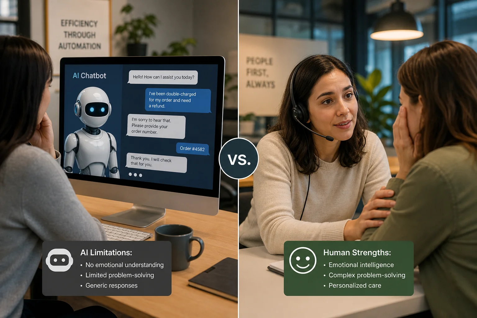 A split scene: an AI chatbot lacks emotion on one side, while a human rep offers empathetic support in a warm office setting.