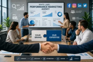 A vibrant digital illustration of diverse professionals collaborating in a modern office, showcasing marketing data and teamw