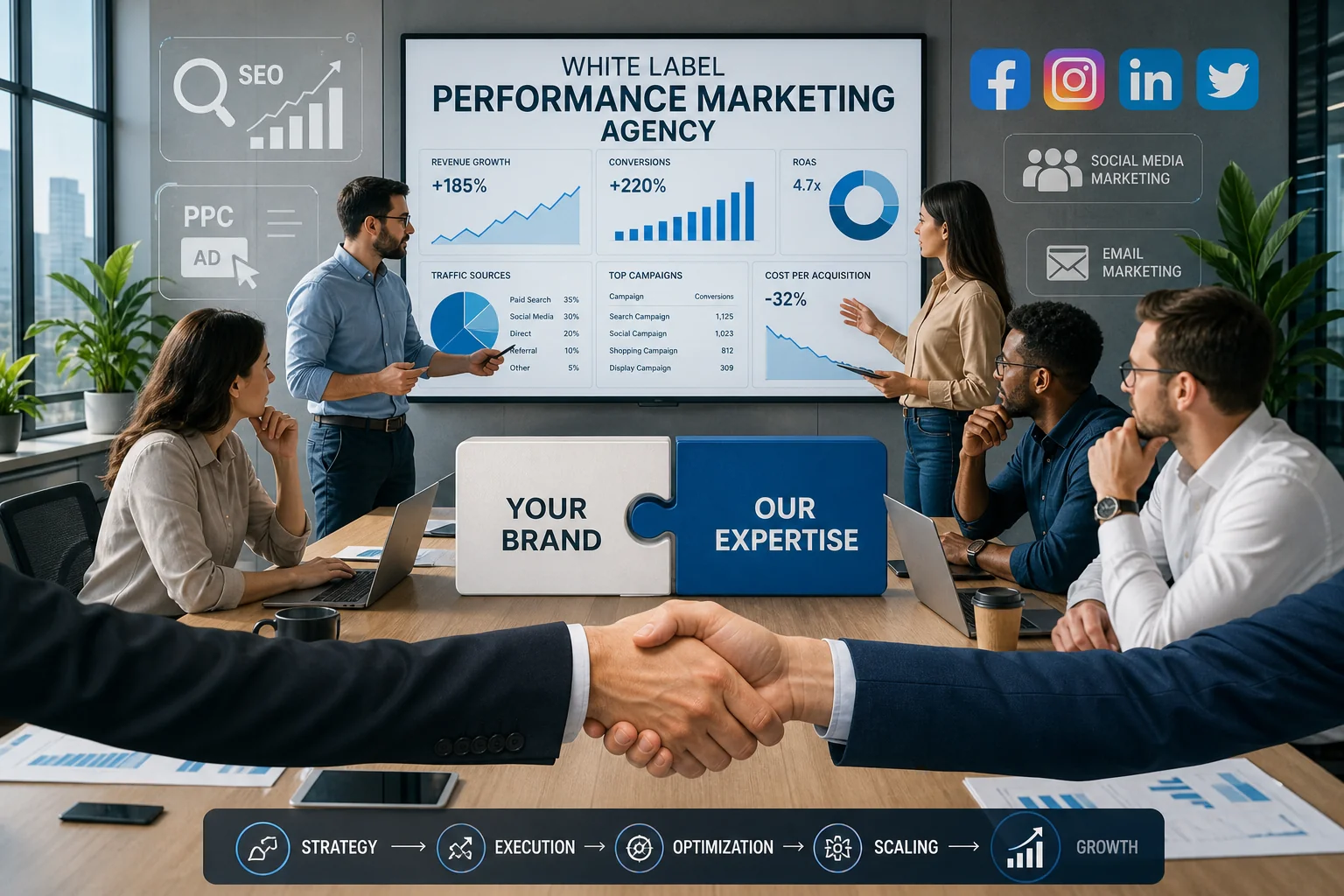 A vibrant digital illustration of diverse professionals collaborating in a modern office, showcasing marketing data and teamw