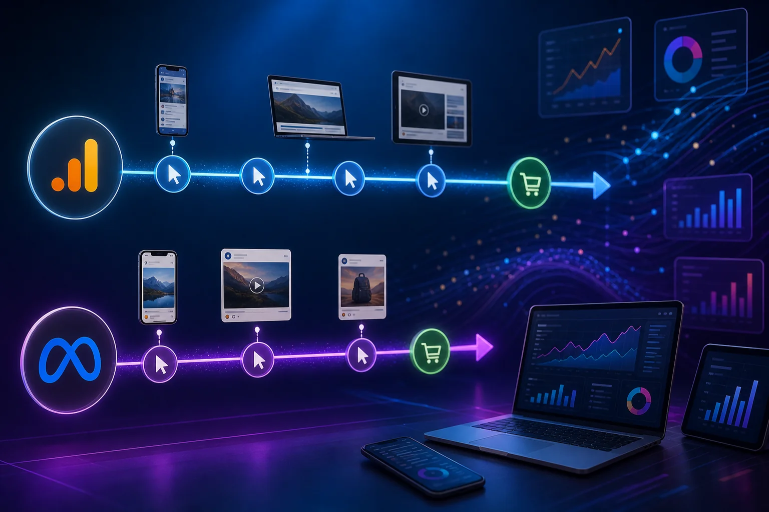 Digital illustration of two timelines for GA4 and Meta, showing ad clicks and conversions with arrows, devices, and data flow