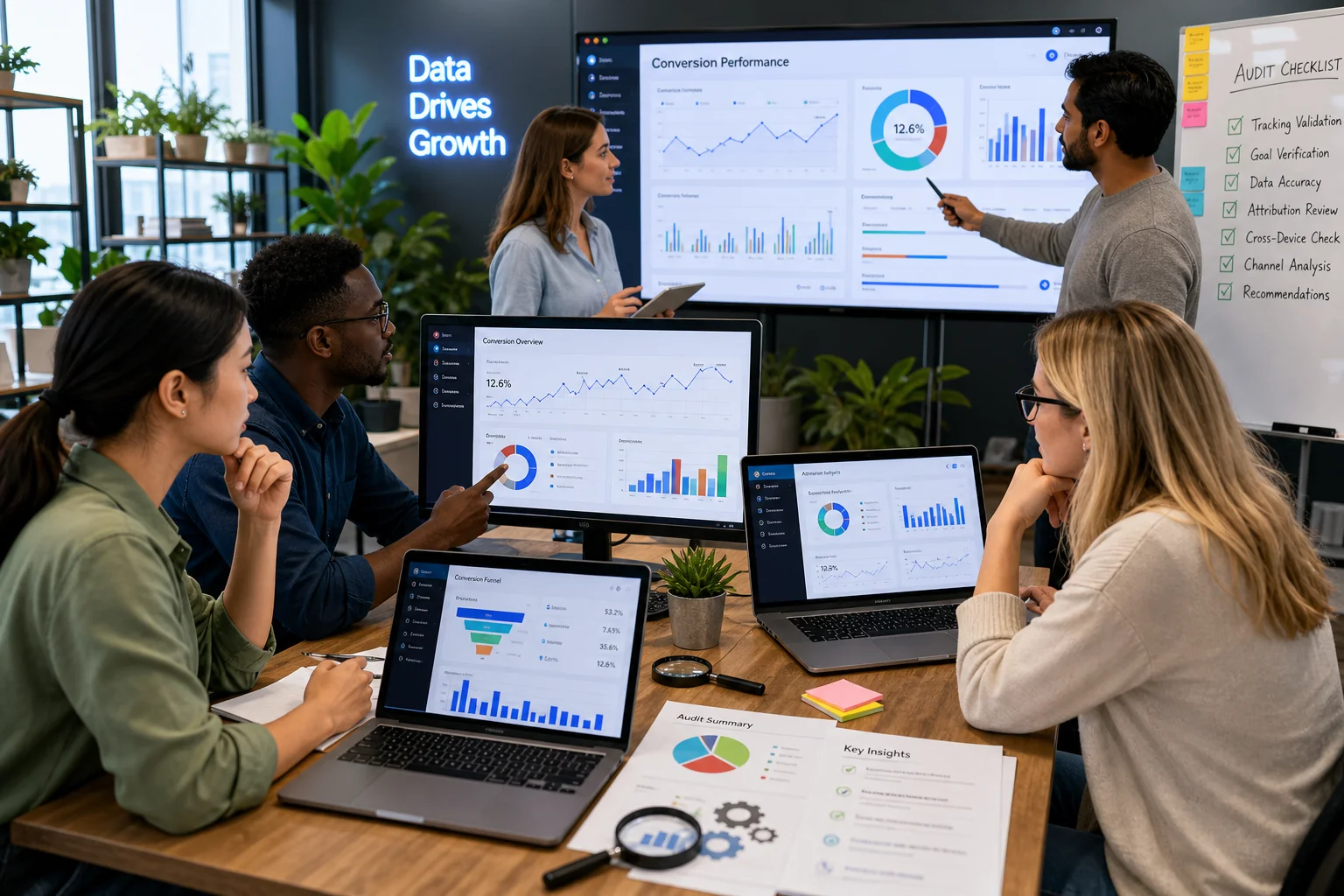 A vibrant futuristic workspace with diverse professionals analyzing conversion data on multiple screens, surrounded by modern