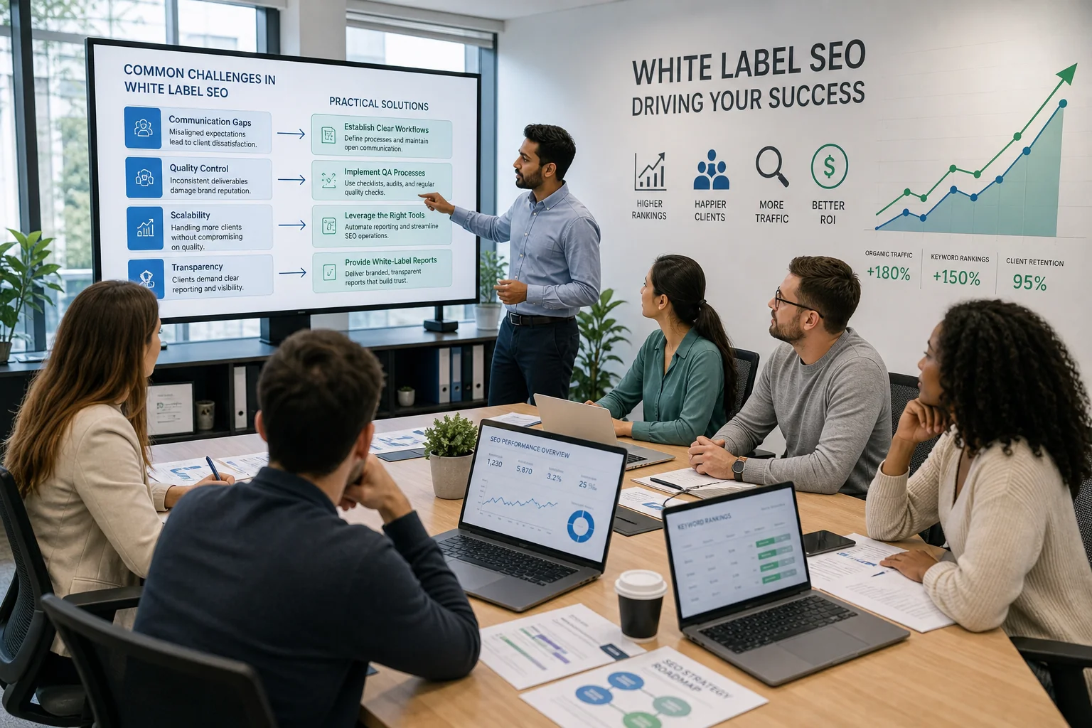 A diverse team collaborates in a modern office, discussing SEO strategies with charts and laptops, showcasing teamwork and in