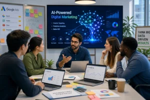 A vibrant modern workspace with diverse professionals discussing digital marketing, laptops open to colorful graphs and AI vi