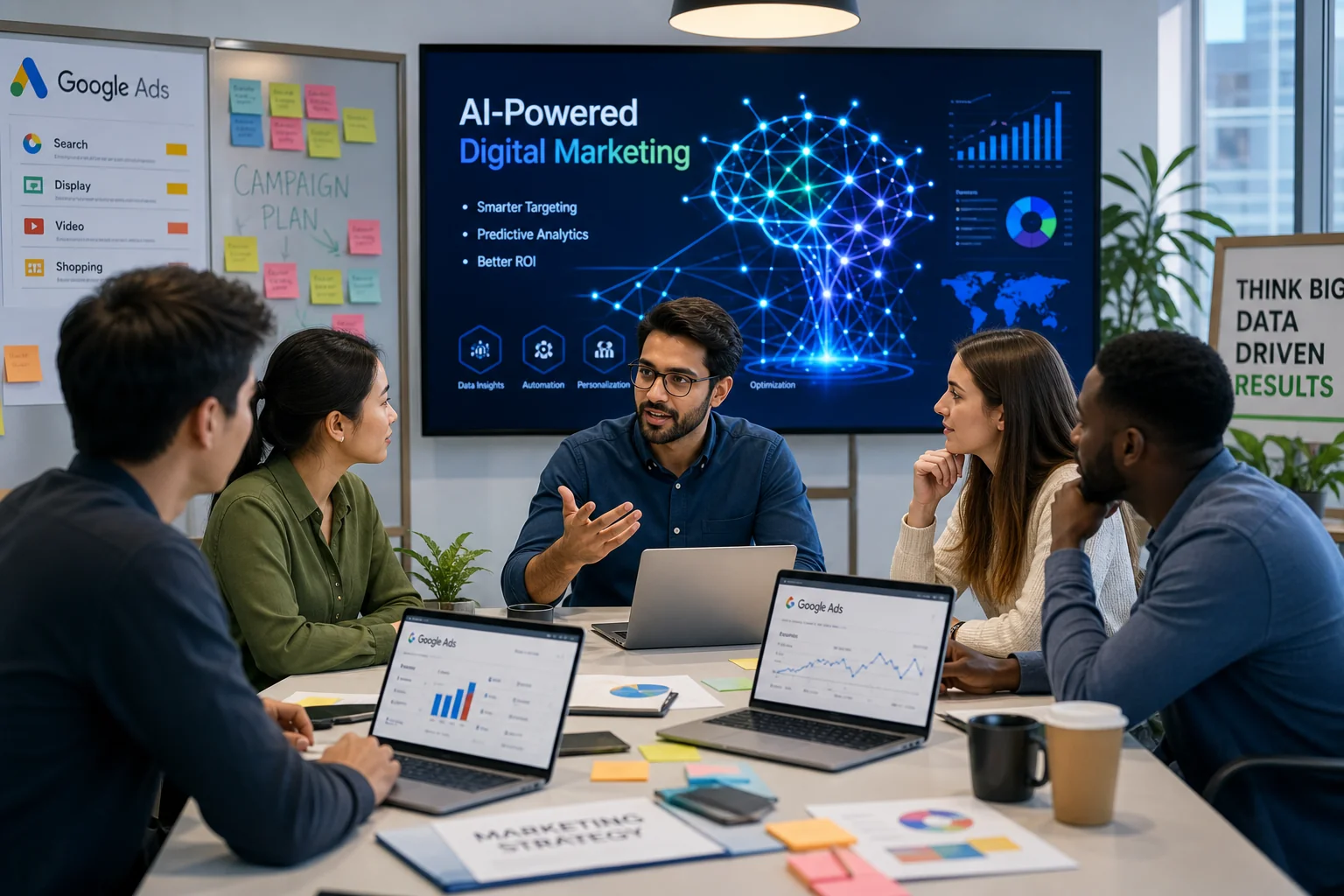 A vibrant modern workspace with diverse professionals discussing digital marketing, laptops open to colorful graphs and AI vi