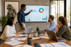 Diverse marketing team collaborates in a bright office, analyzing SEO metrics on a screen, surrounded by laptops and plants.