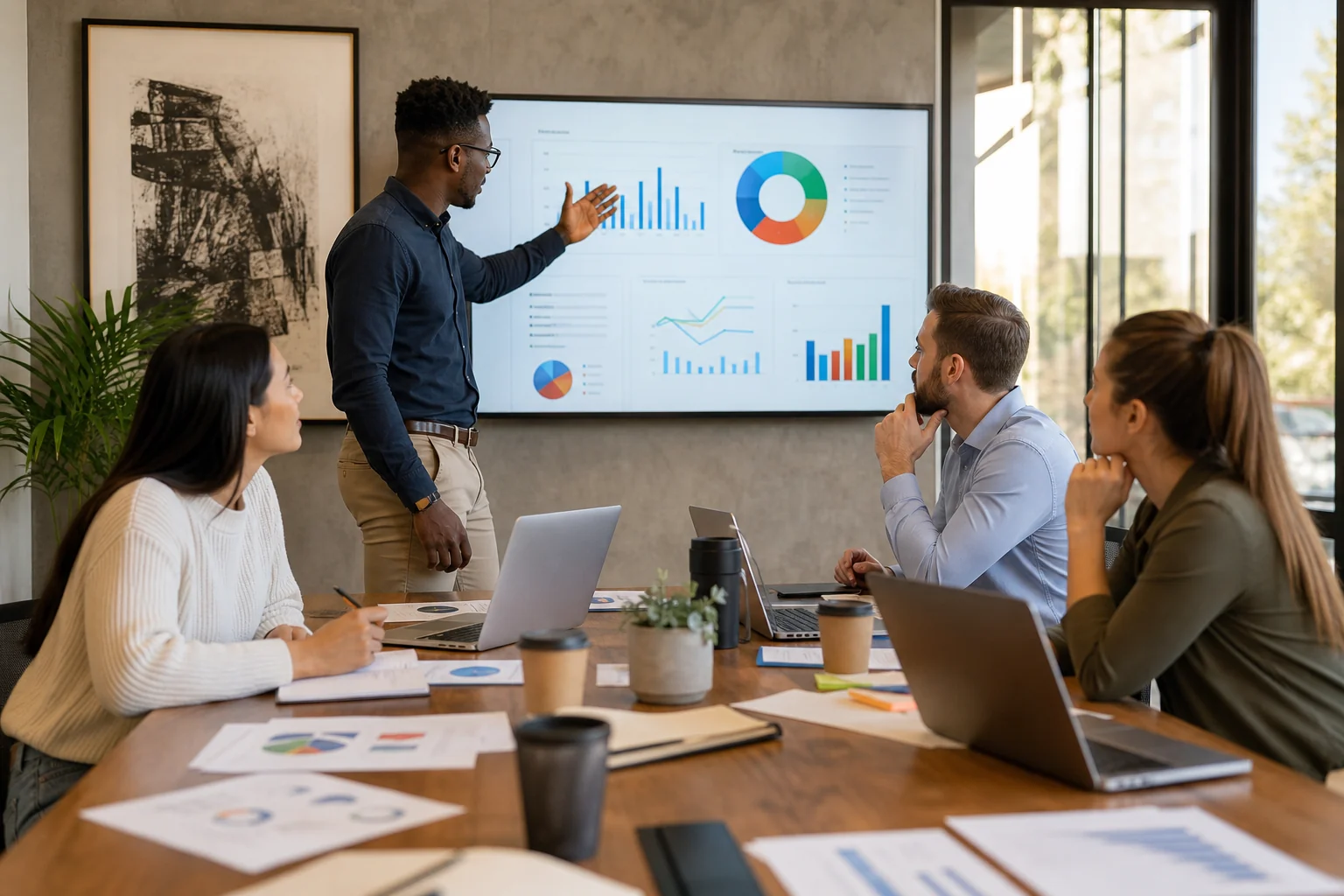 Diverse marketing team collaborates in a bright office, analyzing SEO metrics on a screen, surrounded by laptops and plants.