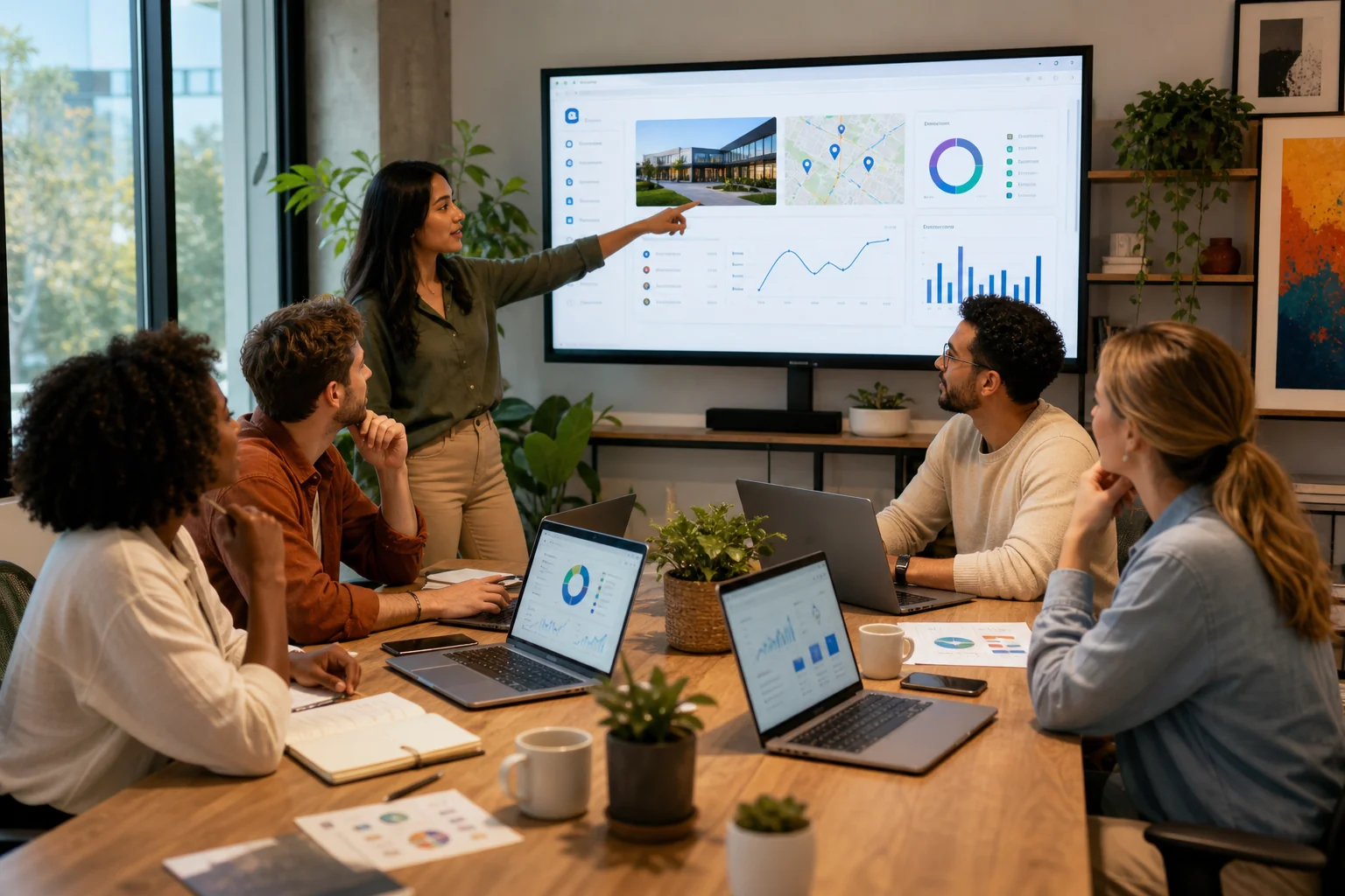 A vibrant digital illustration of a diverse team collaborating in a modern marketing office, featuring laptops and a Google d
