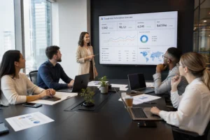 A diverse team collaborates in a bright, modern office, focused on a digital dashboard and marketing materials at a large tab