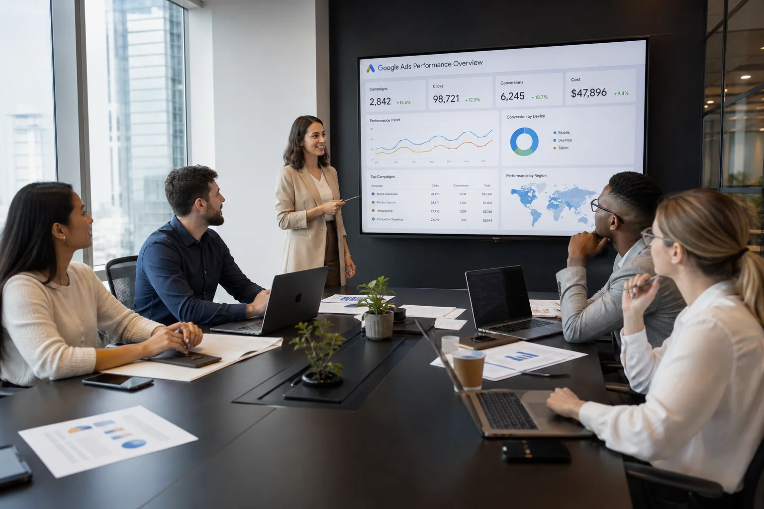 A diverse team collaborates in a bright, modern office, focused on a digital dashboard and marketing materials at a large tab