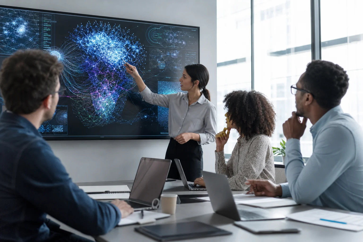 A diverse team collaborates in a modern office, discussing AI algorithms on a large screen, bathed in natural light.