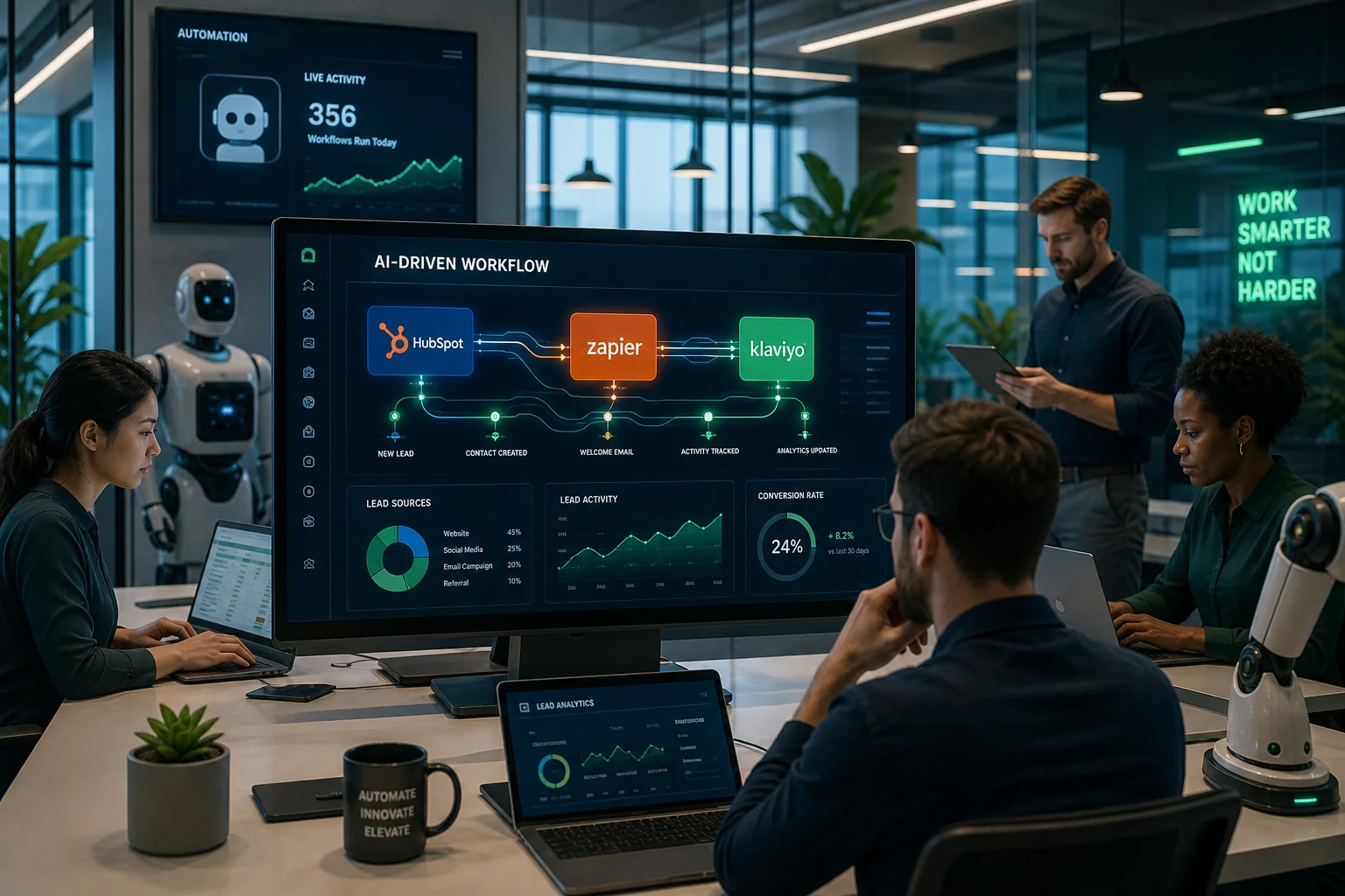 Futuristic office scene with diverse team using AI workflows; glowing data flows connect apps on a central screen, showcasing