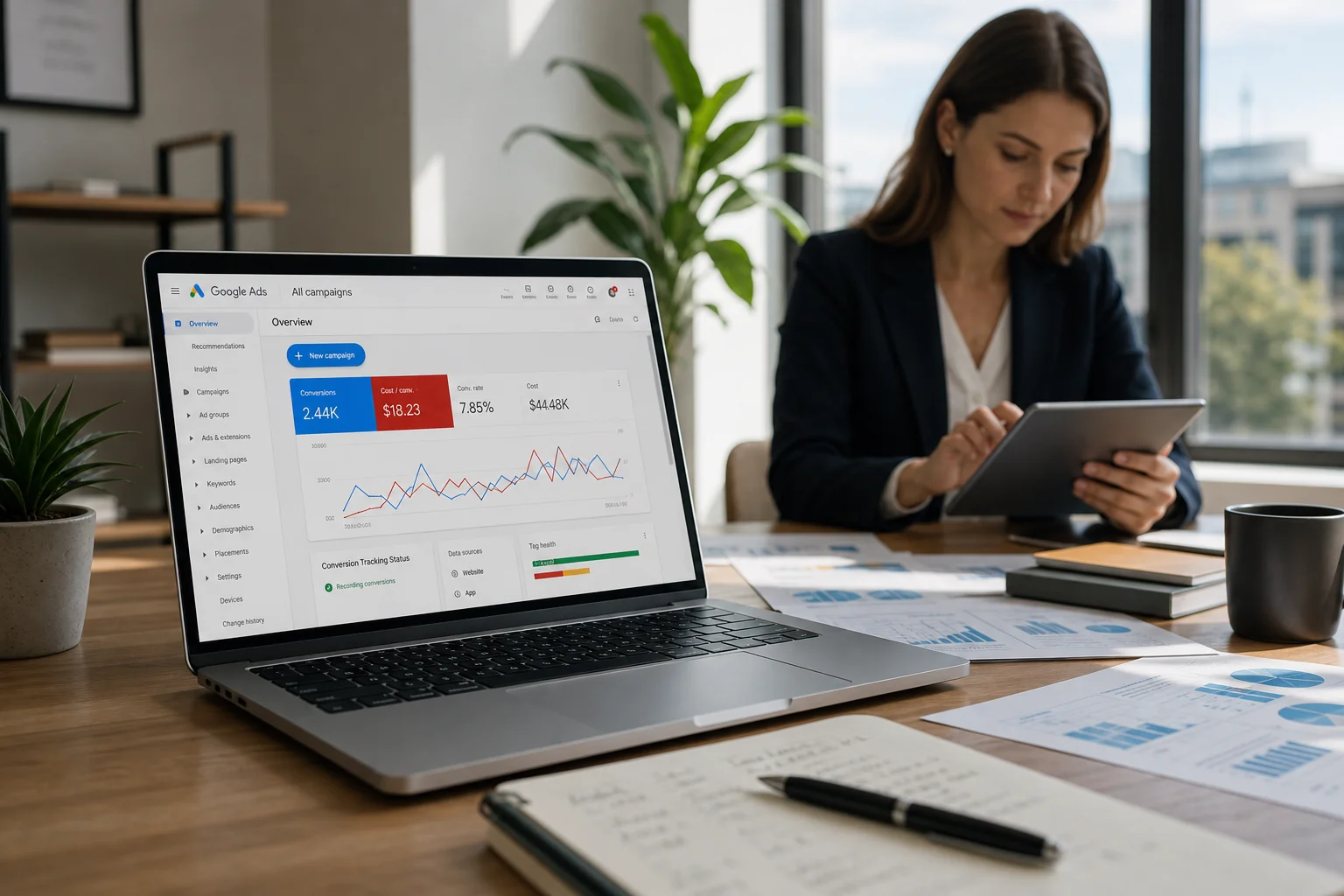A professional woman analyzes data on a tablet in a bright office, with a laptop displaying Google Ads metrics and marketing