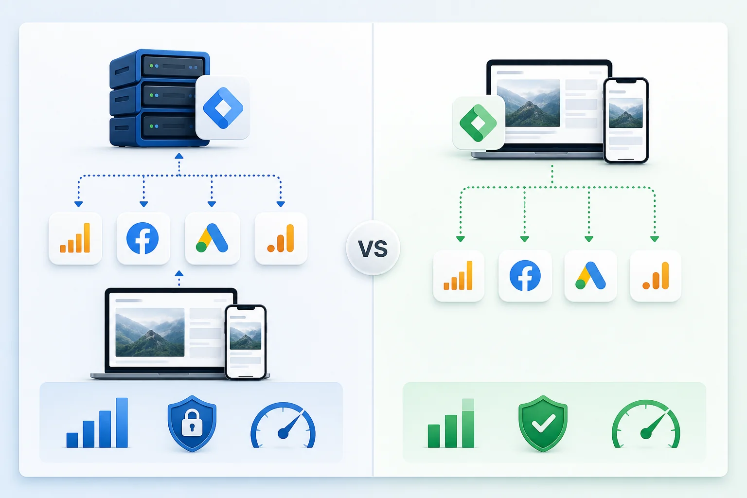 Infographic comparing server-side and client-side tagging with icons for data accuracy, privacy, and performance in a split l