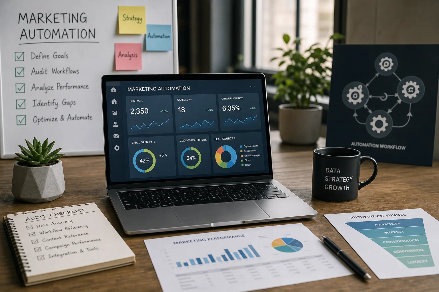 A modern workspace featuring a laptop with colorful marketing metrics, gears, charts, and AI icons, symbolizing automation an