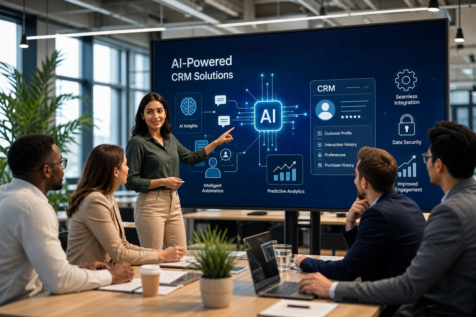 A diverse team collaborates in a modern office, engaging with a digital screen showcasing AI and data security concepts.