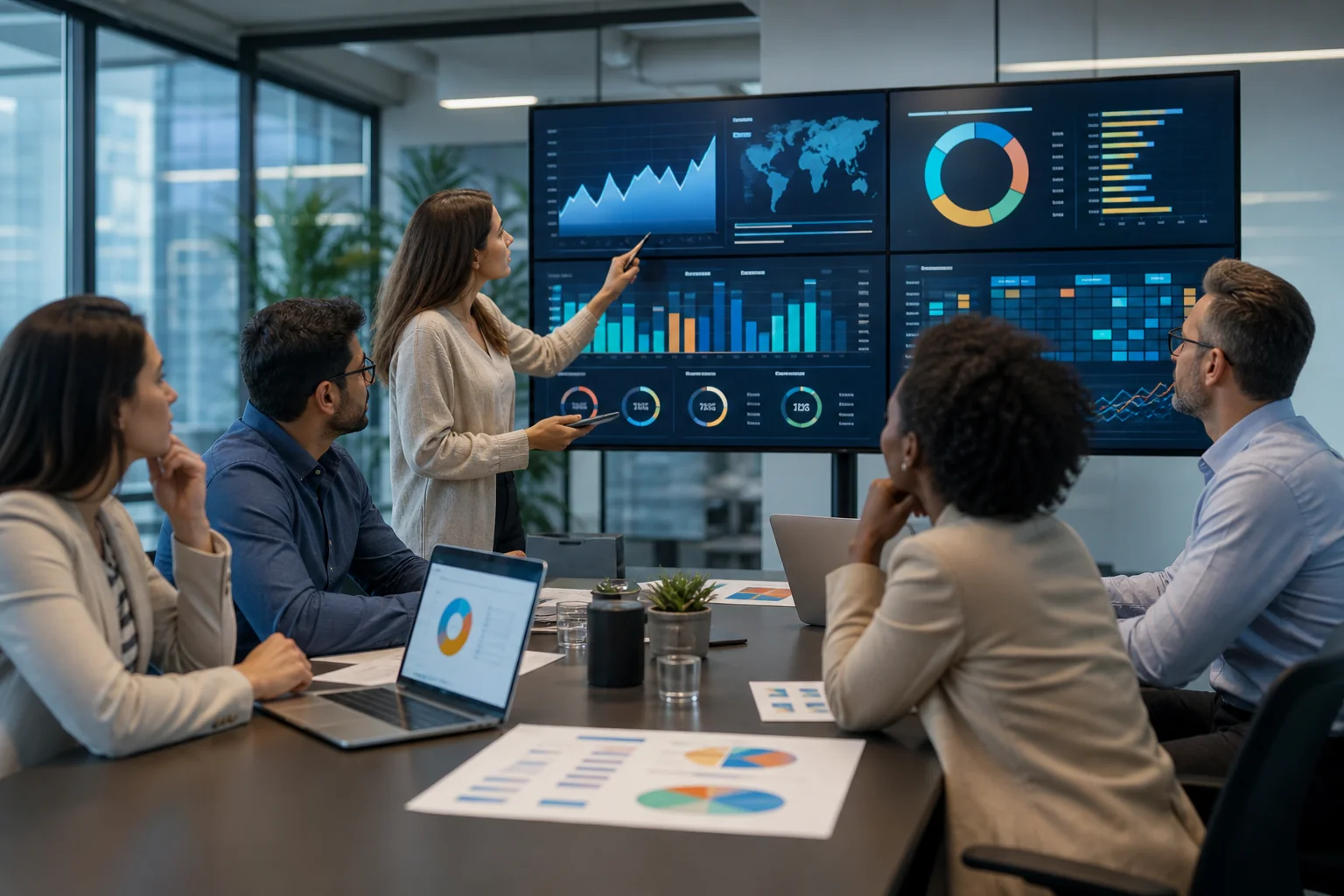 A diverse team of marketing professionals collaborates around a conference table, analyzing data on digital screens in a mode