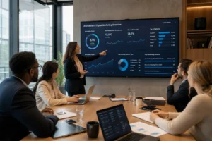 A diverse team of professionals discusses AI data visualizations in a bright, modern office, surrounded by laptops and notepa