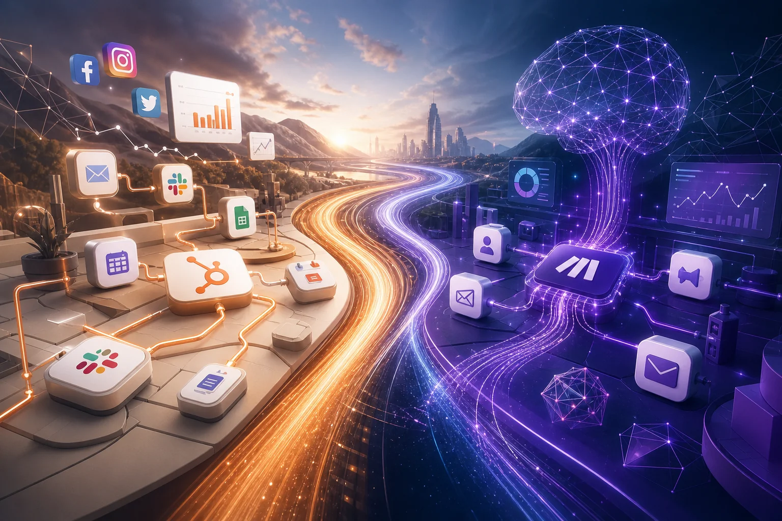 Futuristic marketing automation workflow illustration, contrasting Zapier's sleek interface with Make's AI-driven environment