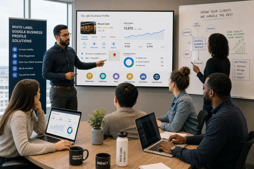 A vibrant office scene shows a diverse team collaborating on Google Business Profiles, with laptops, charts, and brainstormin