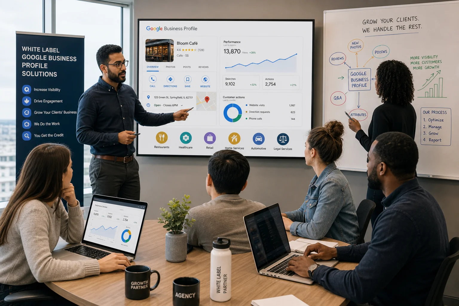A vibrant office scene shows a diverse team collaborating on Google Business Profiles, with laptops, charts, and brainstormin