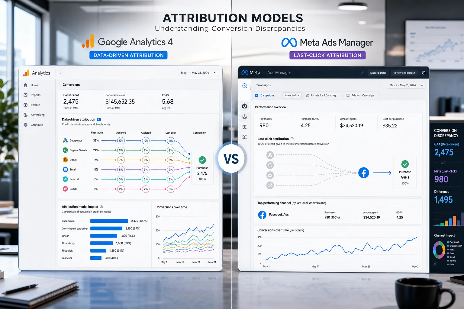 Digital illustration comparing GA4's multi-channel attribution with Meta Ads Manager's last-click model in a modern office se
