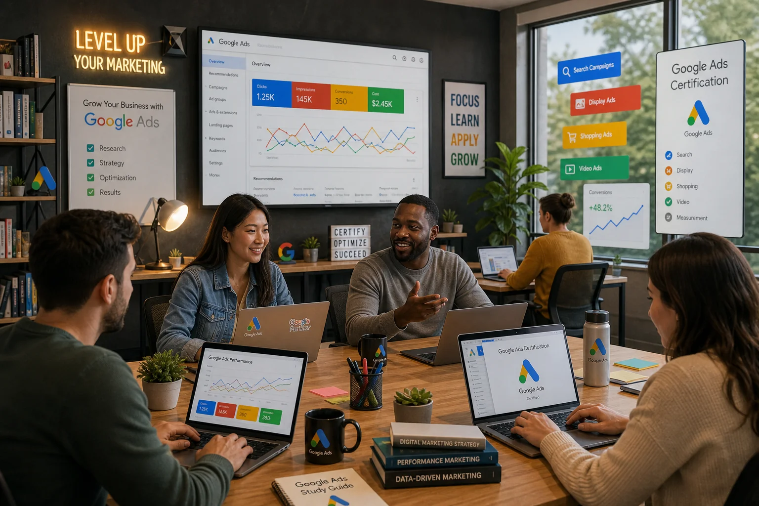A vibrant digital illustration of diverse marketing professionals studying and collaborating in a modern workspace for Google