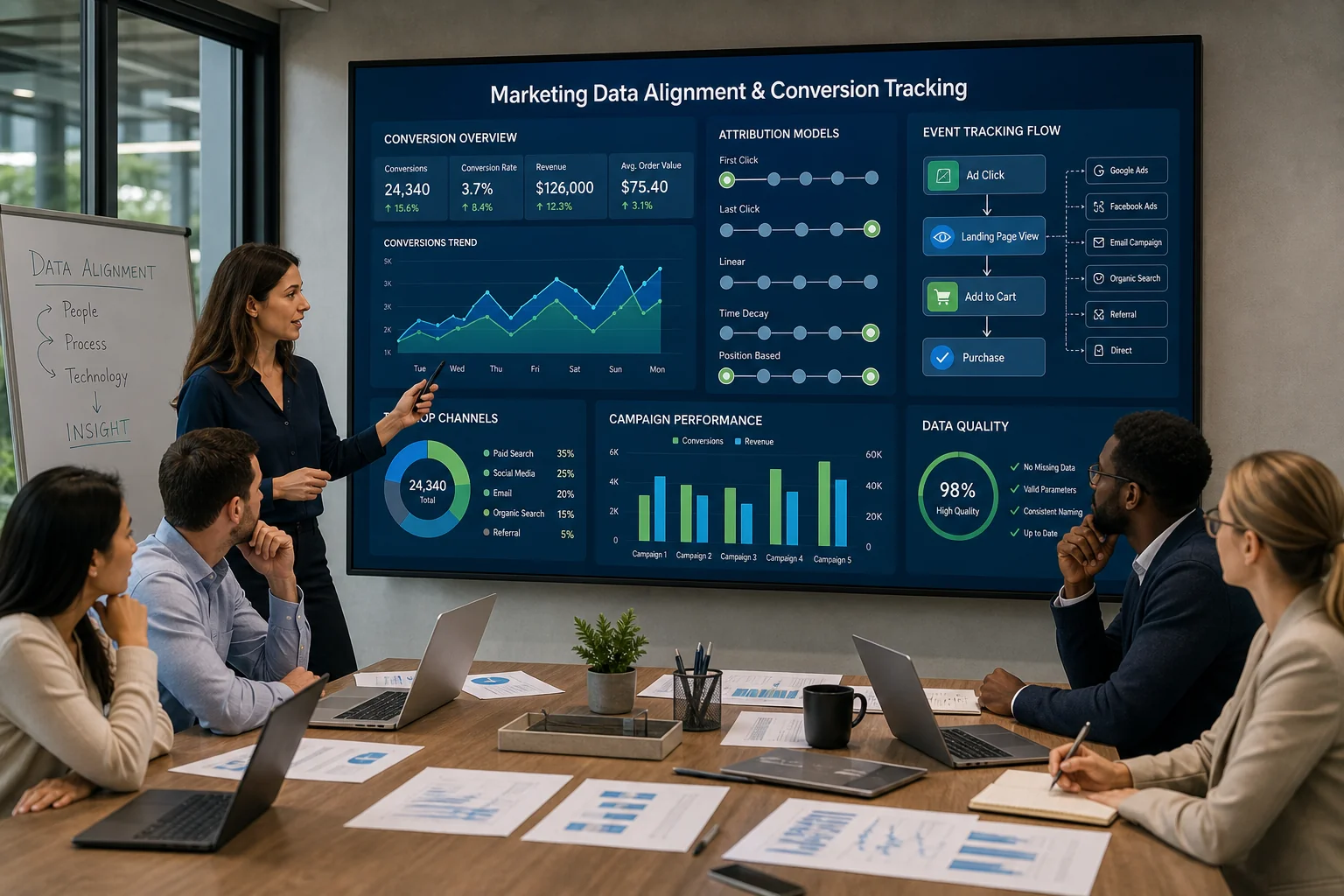 A diverse team of marketers collaborates around a digital screen filled with graphs, showcasing data analysis and attribution