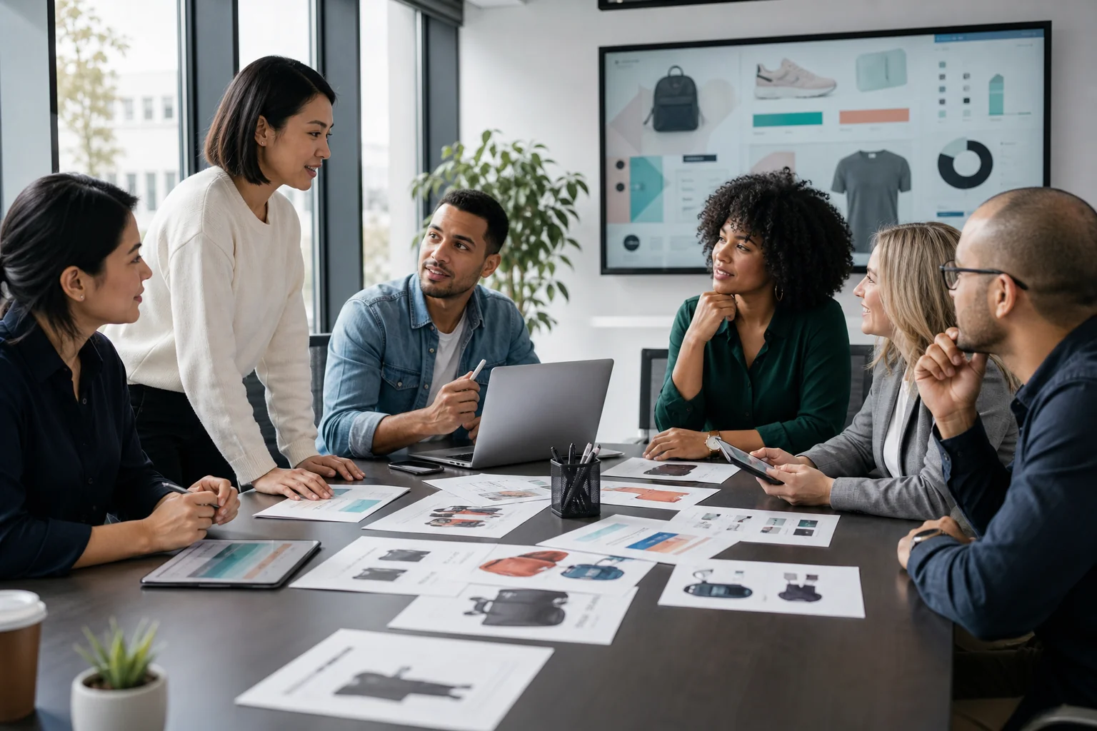 A diverse team collaborates around a sleek conference table, surrounded by natural light and e-commerce visuals, embodying te