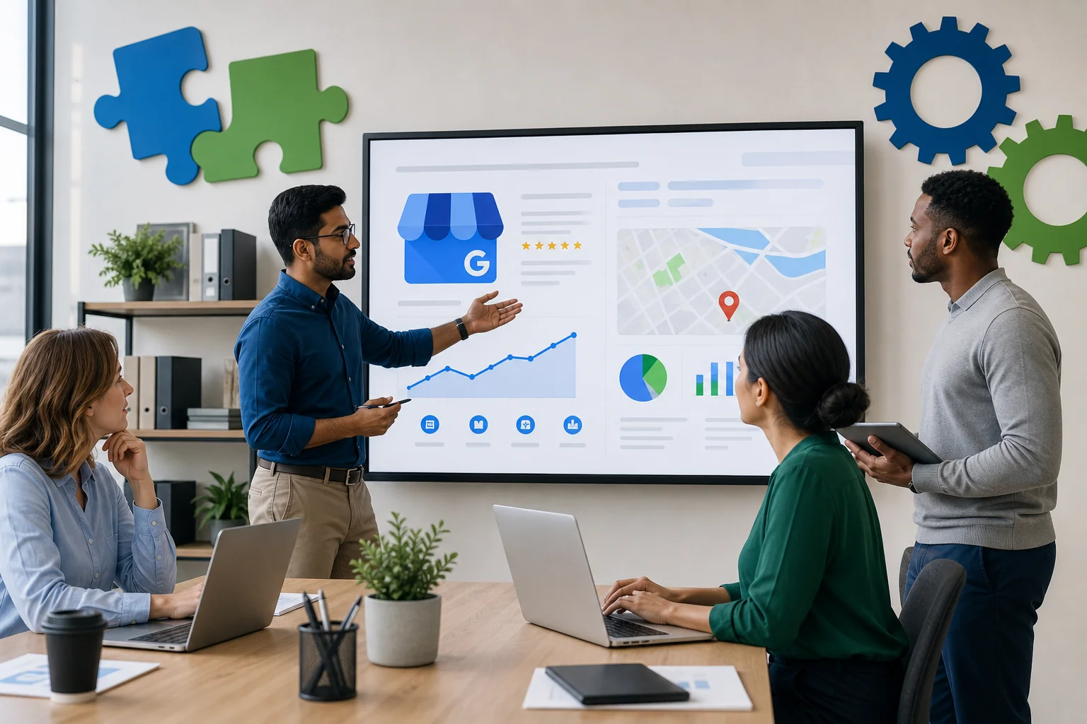 A diverse team collaborates around a digital screen showcasing a Google Business Profile, surrounded by symbols of partnershi
