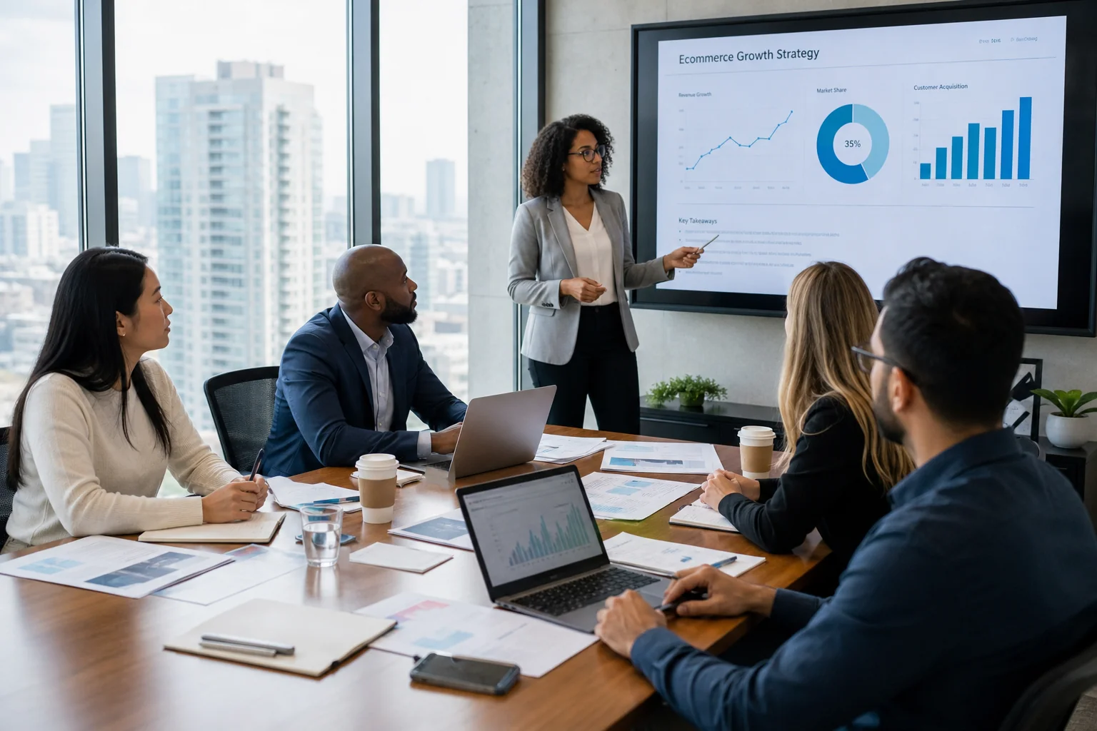 Diverse professionals collaborate in a modern office, discussing strategies at a conference table with laptops and city views