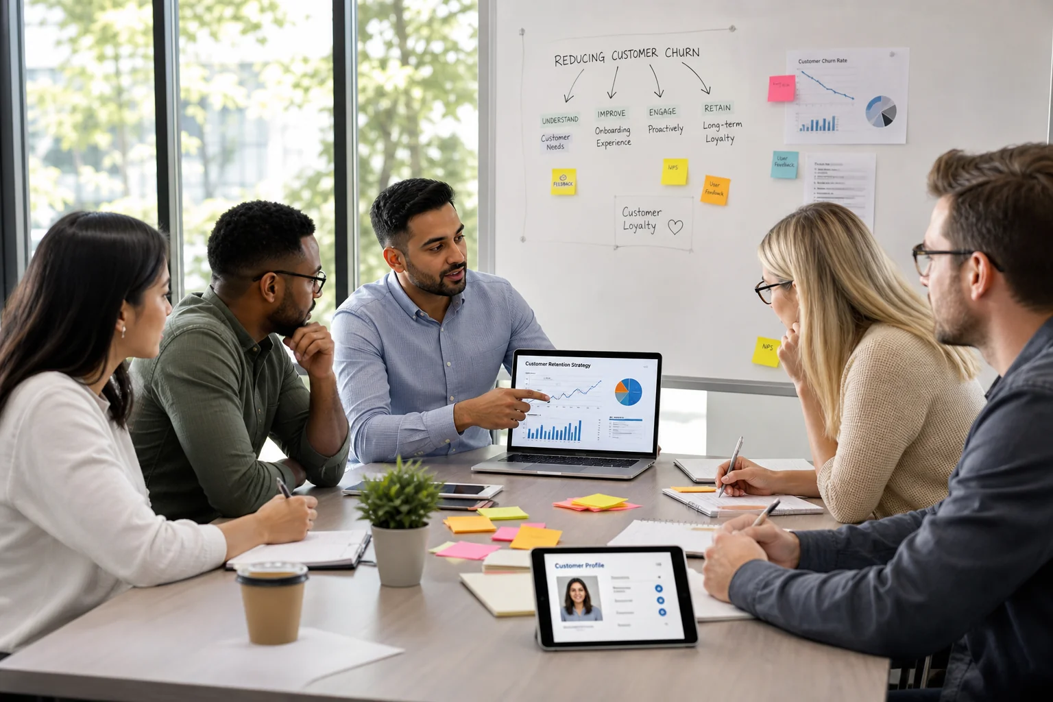 Diverse professionals collaborate at a bright conference table, sharing ideas and strategies for enhancing customer engagemen
