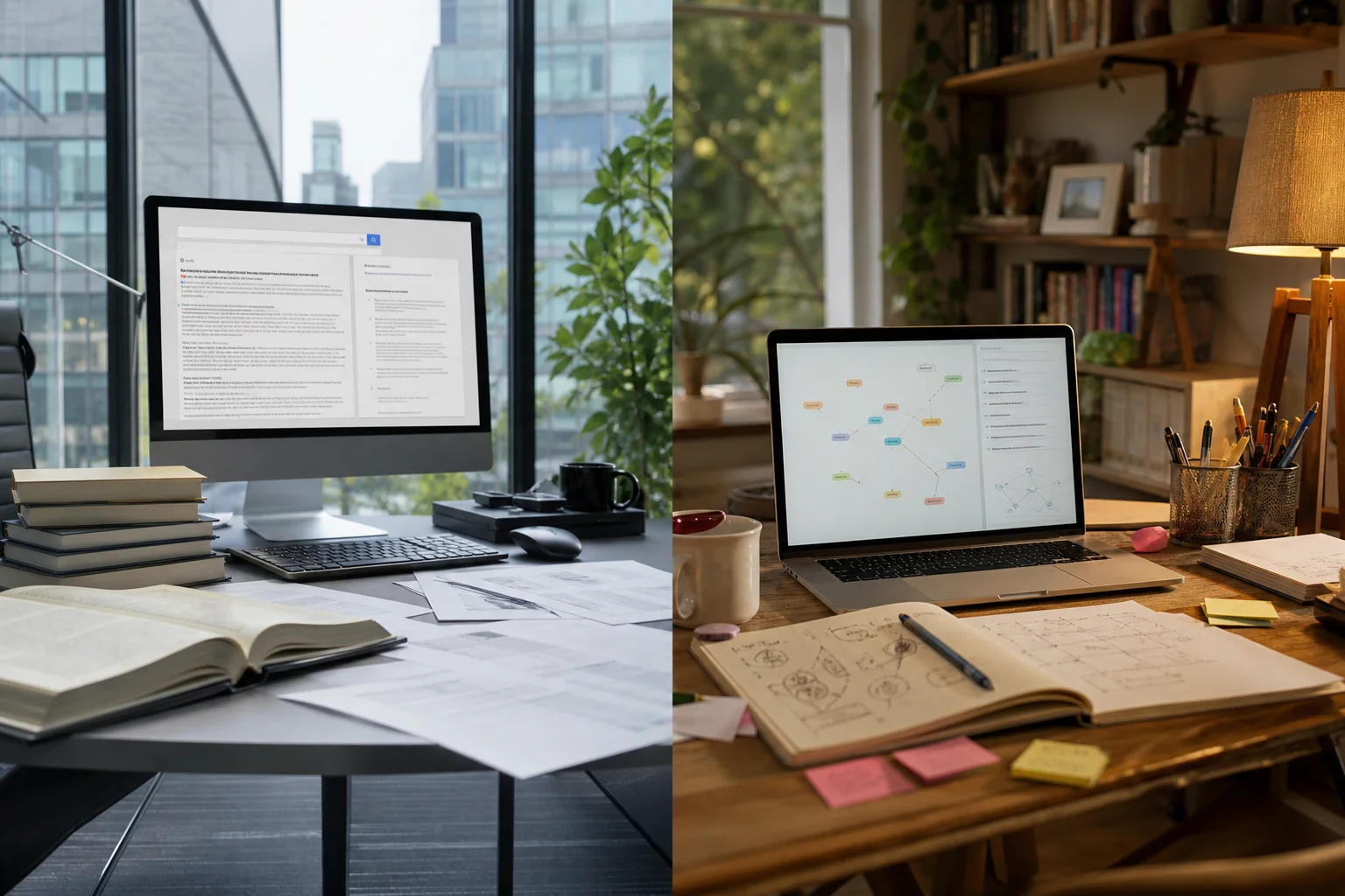 A split image shows a sleek modern office with a search interface and a cozy creative space with a semantic tool, both inviti