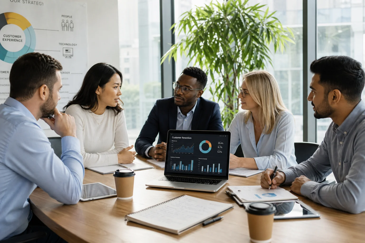 A diverse group of professionals collaborates around a conference table, discussing data analytics in a bright, modern office