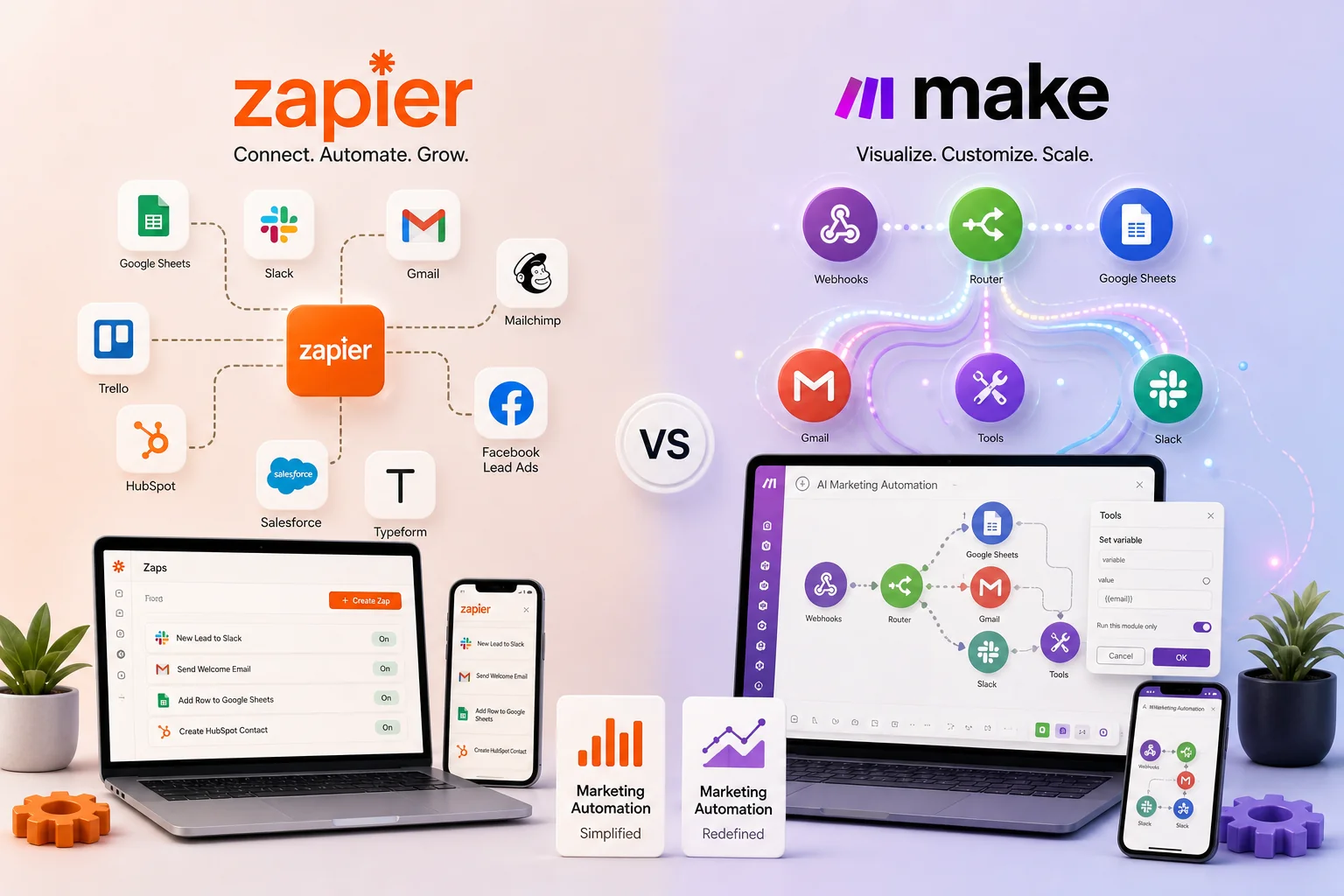 Digital illustration comparing Zapier and Make, showcasing their interfaces, features, and symbols of marketing automation.