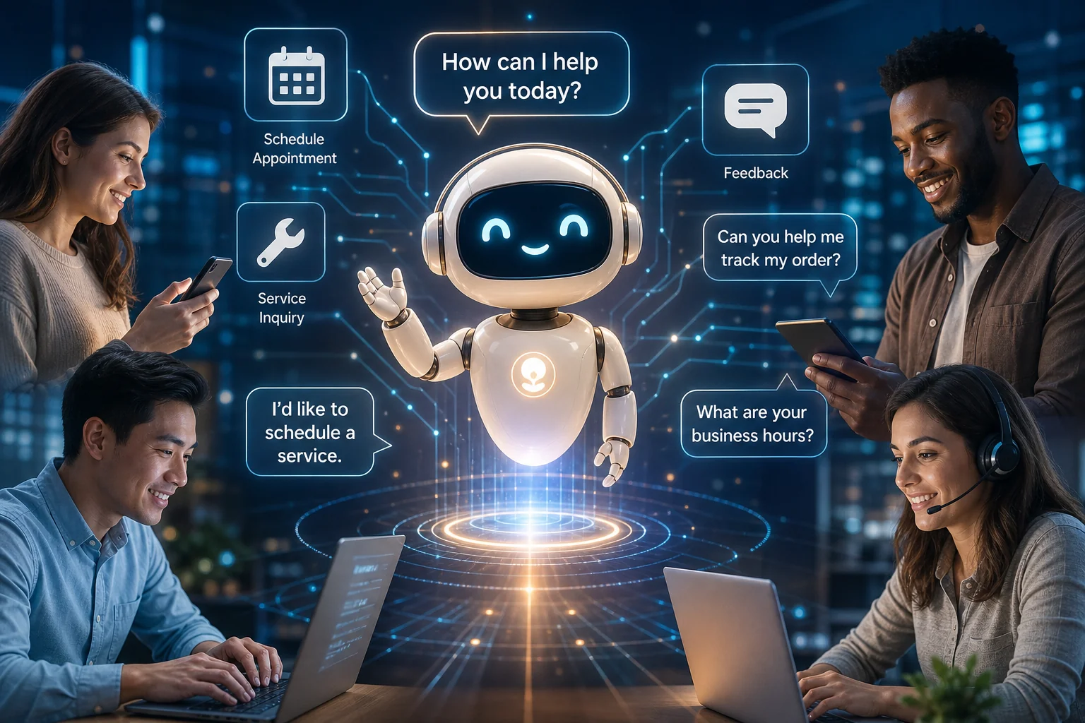 A friendly chatbot assists diverse customers on devices, surrounded by glowing data elements, symbolizing efficient AI suppor