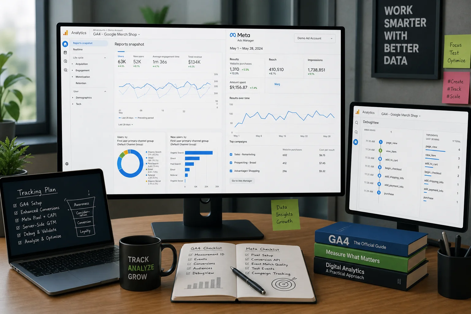 Modern workspace illustration featuring a large monitor with colorful analytics, GA4 DebugView, and productivity tools.