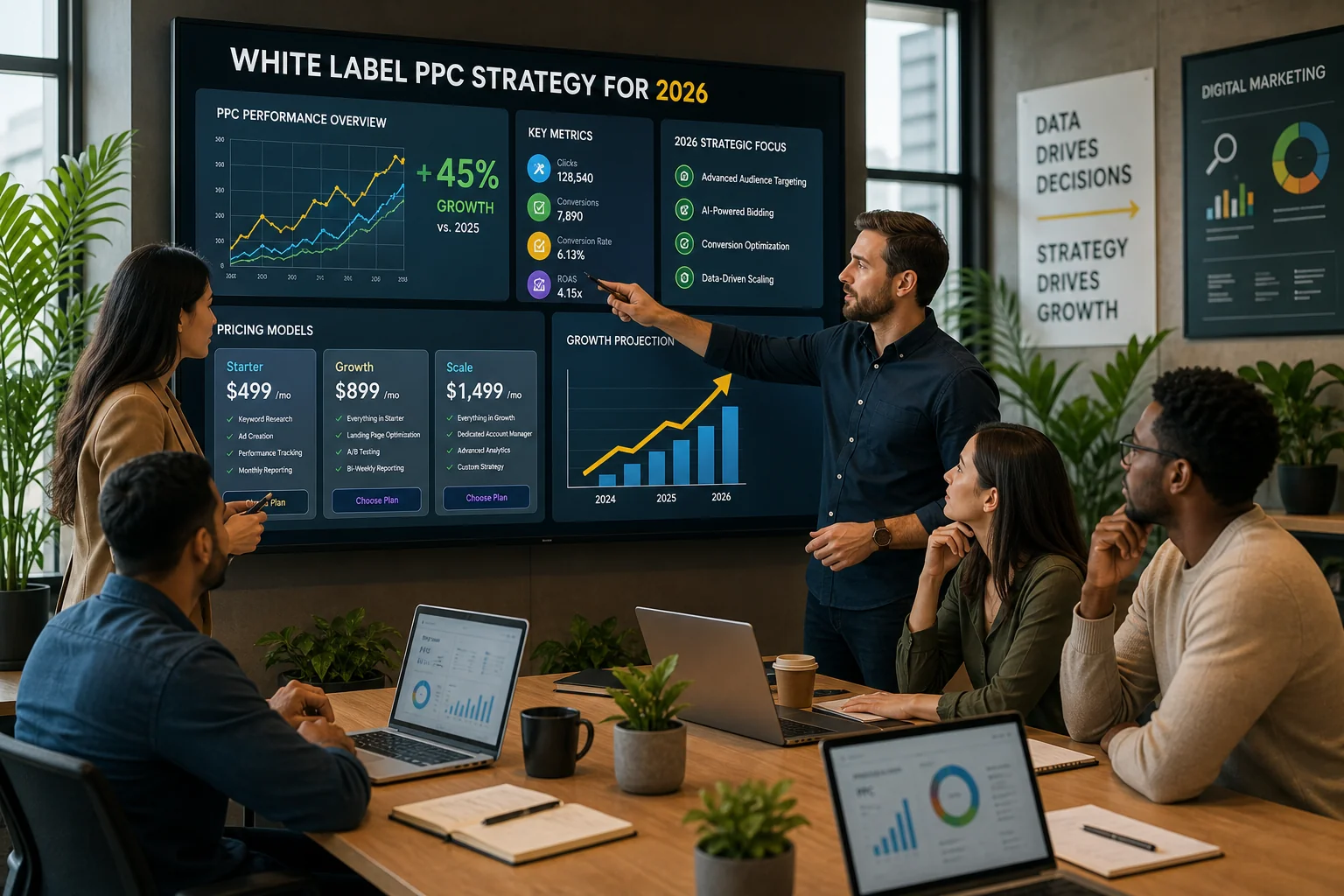 A diverse team collaborates in a modern office, analyzing graphs on a screen, symbolizing strategic decision-making in PPC se