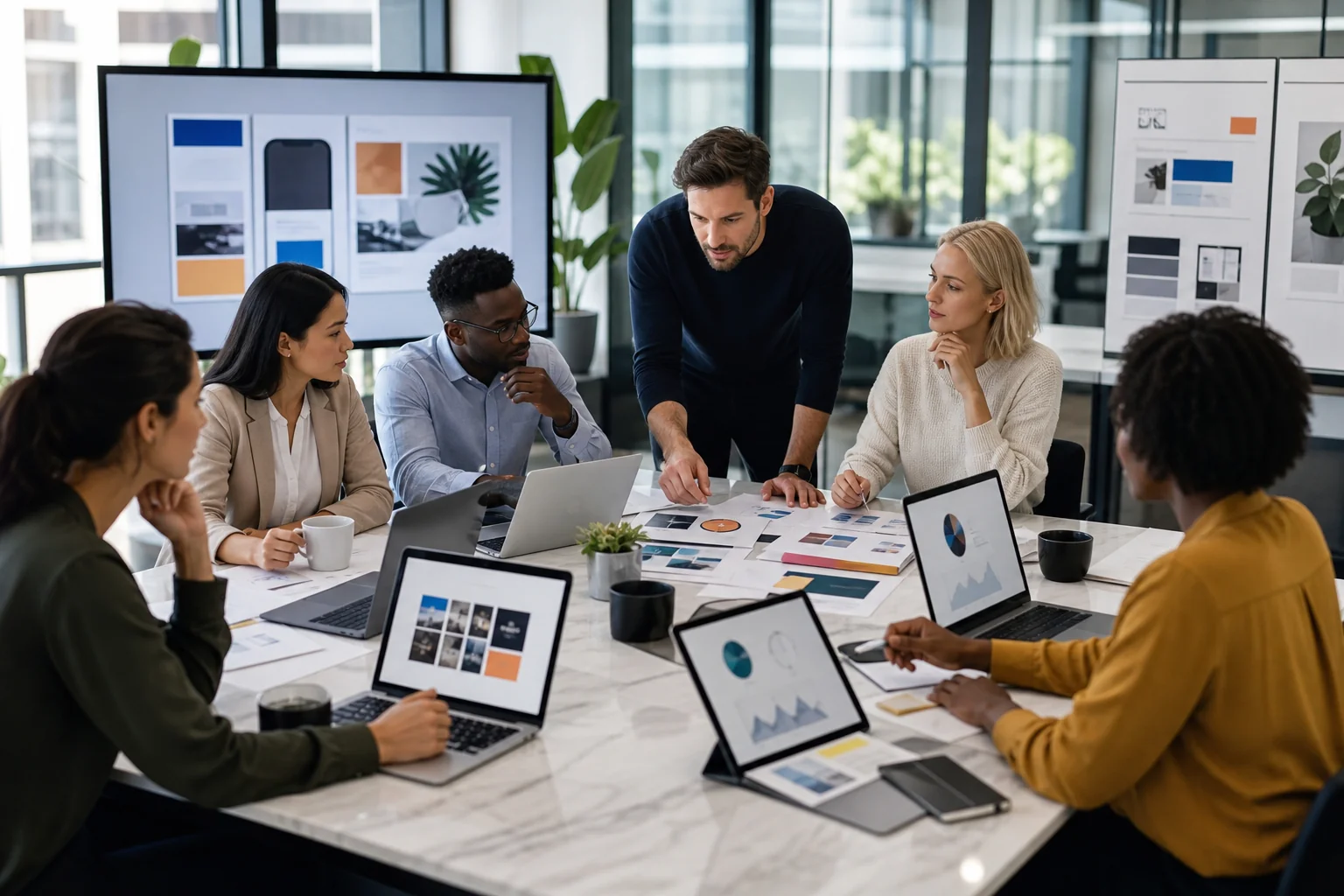 A vibrant illustration of diverse professionals collaborating in a modern office, surrounded by digital devices and marketing