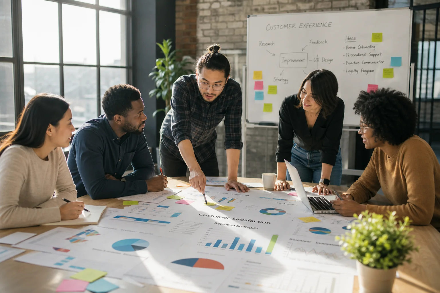 A diverse team collaborates in a bright office, analyzing customer metrics and brainstorming ideas to enhance satisfaction.