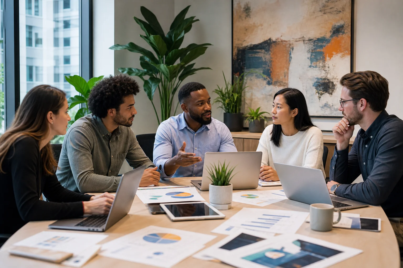 A diverse team of marketing professionals collaborates around a conference table, brainstorming strategies in a bright, moder