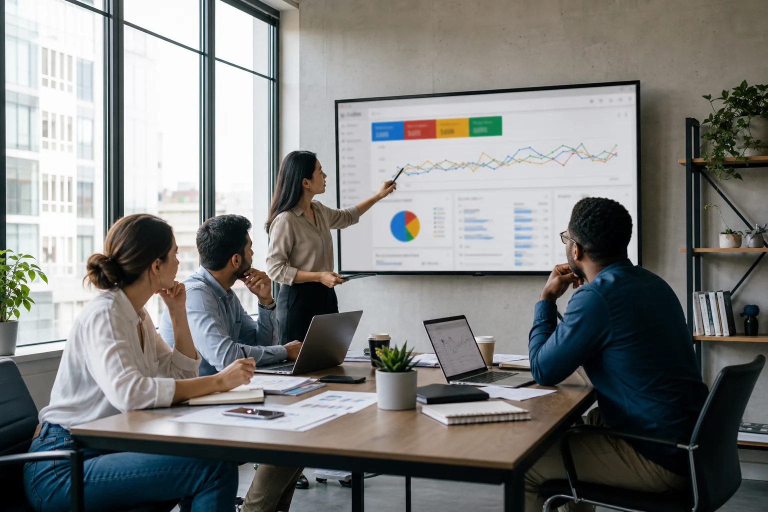 A diverse team of marketers collaborates in a bright, modern office, analyzing a Google Ads dashboard on a large screen.
