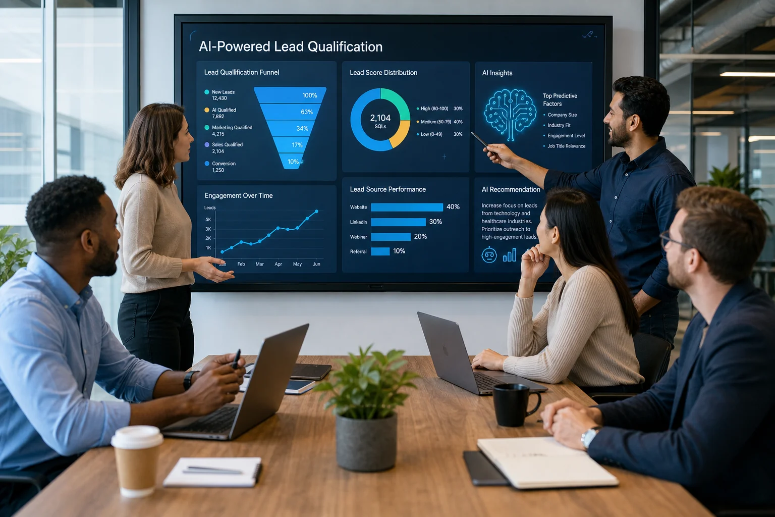 A diverse team collaborates in a modern office, engaged around a digital screen with vibrant data visualizations and AI icons
