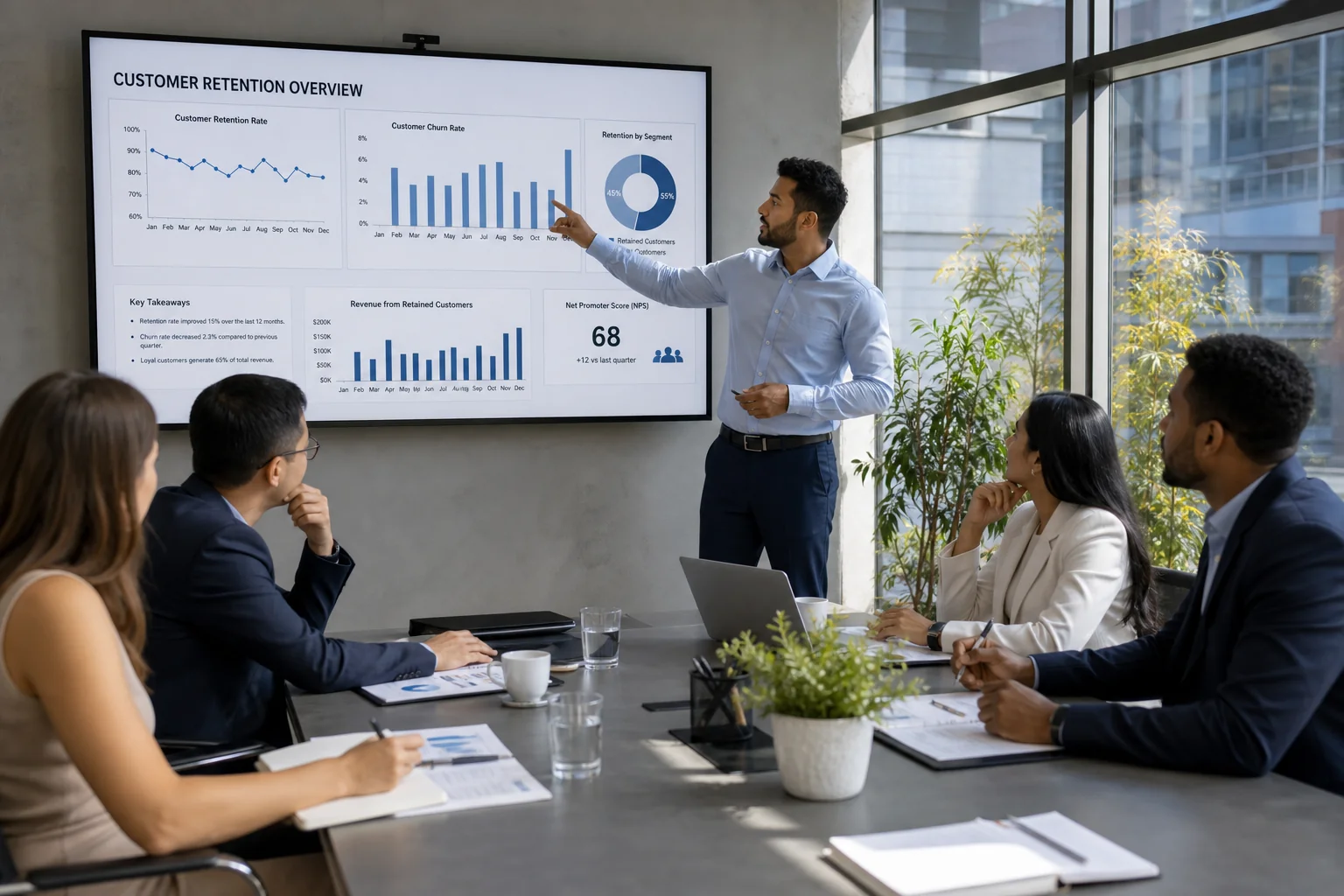A diverse group of business professionals collaborates around a conference table, discussing customer retention strategies wi