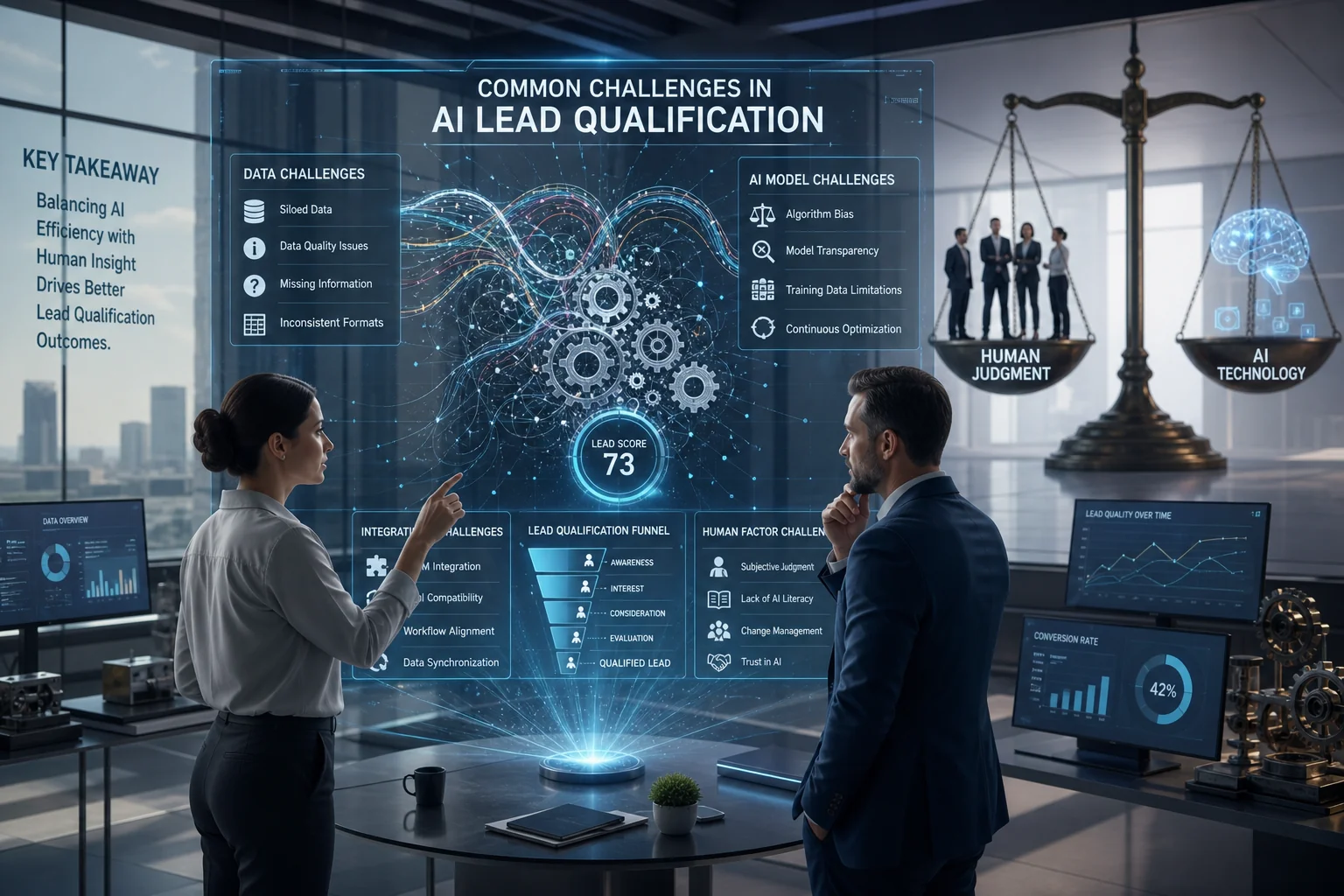 A futuristic office scene shows a marketing manager and small business owner interacting with a holographic display of lead m